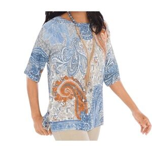 Chico's Women's Top‎ Blue Paisley Textured Side Buttons Pullover Size 1 US/8M
